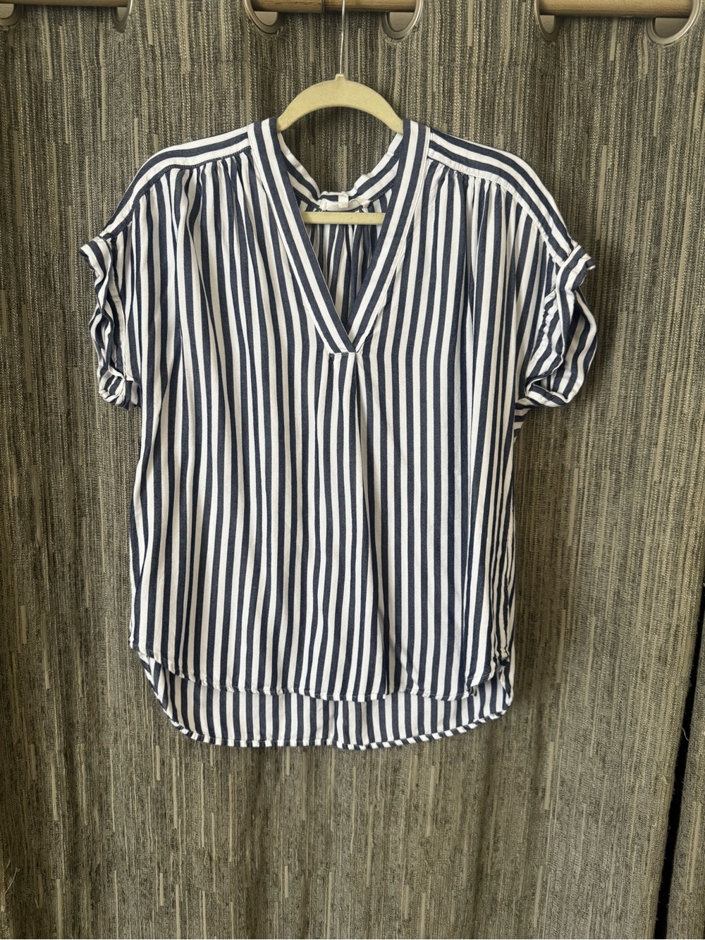 Workshop Republic Clothing Navy & White Vertical Stripe V‑Neck Blouse